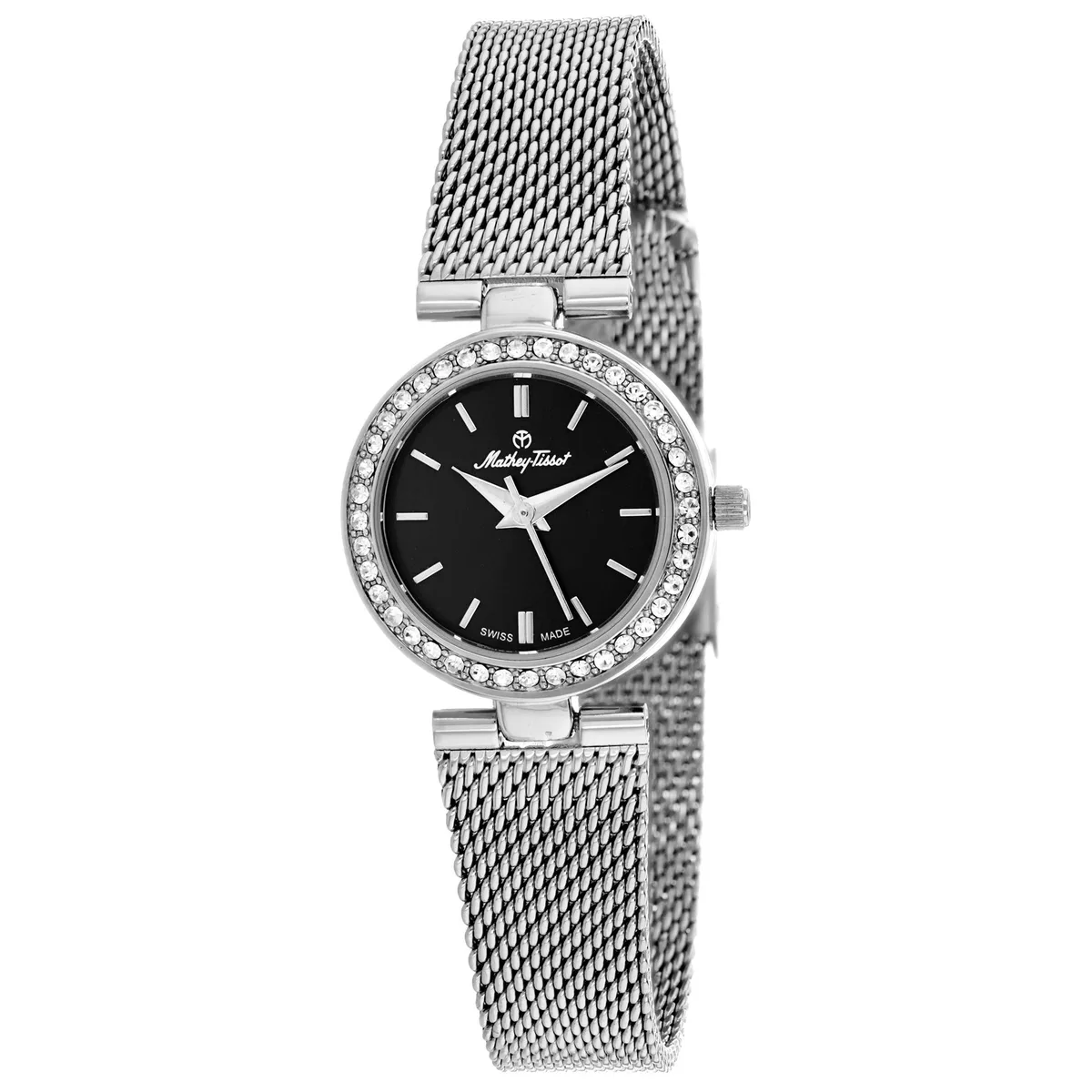 Stainless steel watch with black dial and metal bracelet