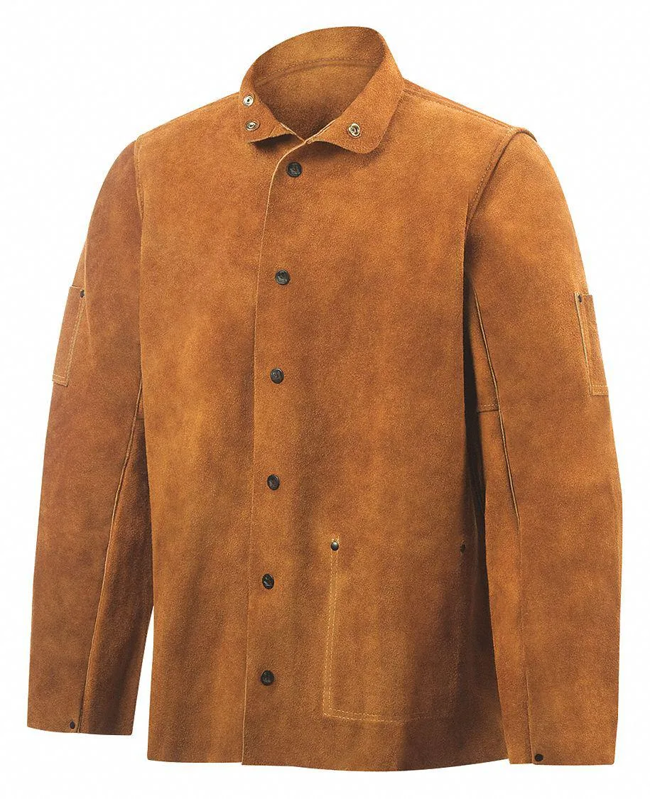 Brown cowhide welding jacket with snap front, stand-up collar and adjustable waist straps