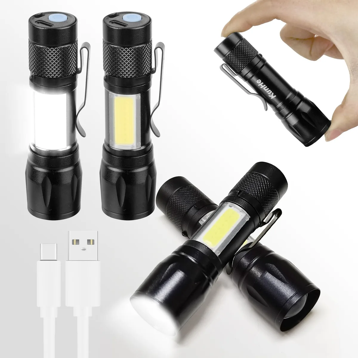 Four red anodised aluminium clip-on flashlights with USB-C ports and side COB lights