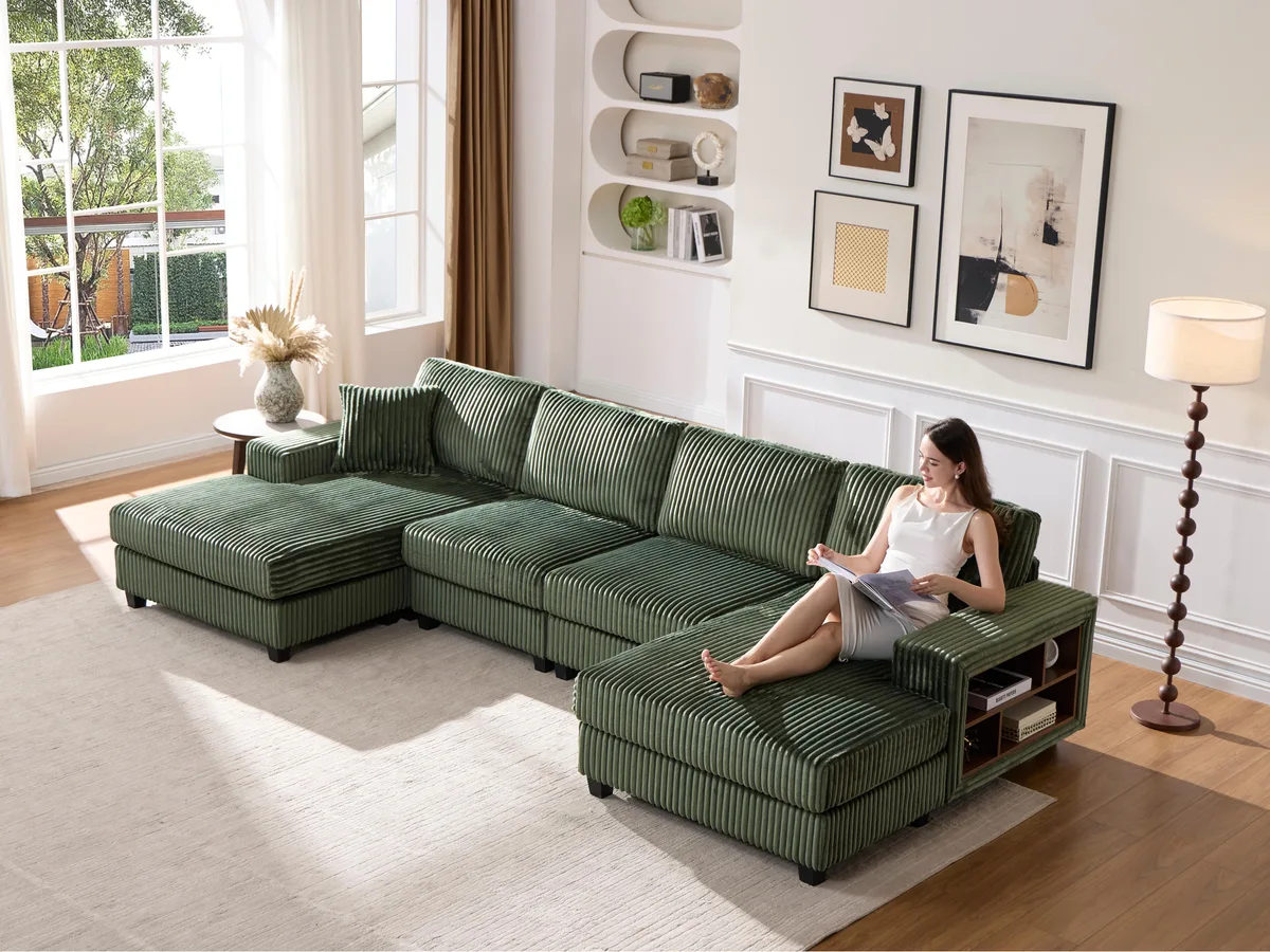 Green corduroy U-shaped sectional sofa with wood frame
