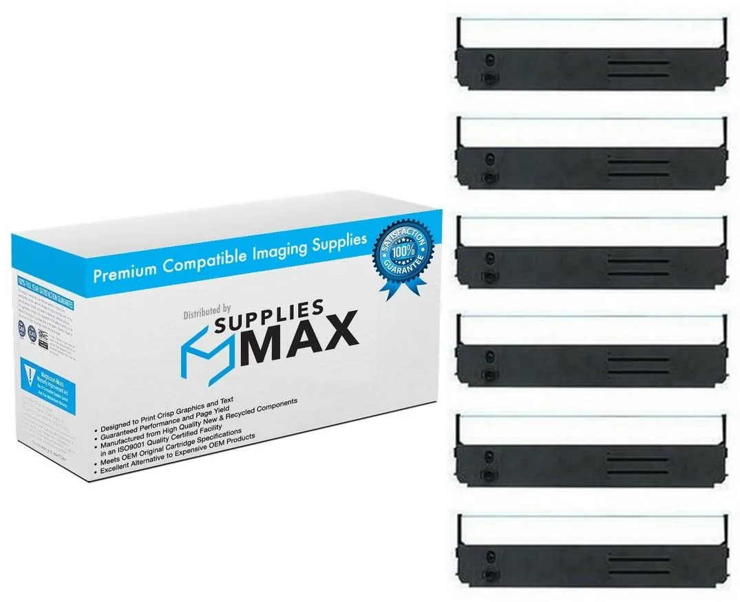 Six black printer ribbons in a sealed pack