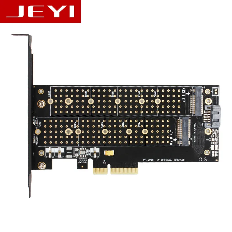 Green PCB adapter card with M.2 slots and PCIe connector