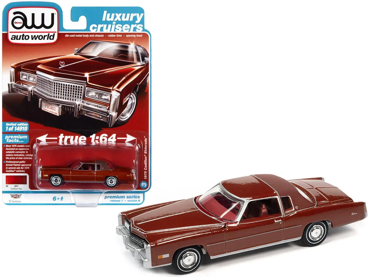 auto world Auto World 1975 Cadillac Eldorado Firethorn Red Metallic Matt Dark Red Roof Ltd Ed 14910 1/64 Diecast — product photo