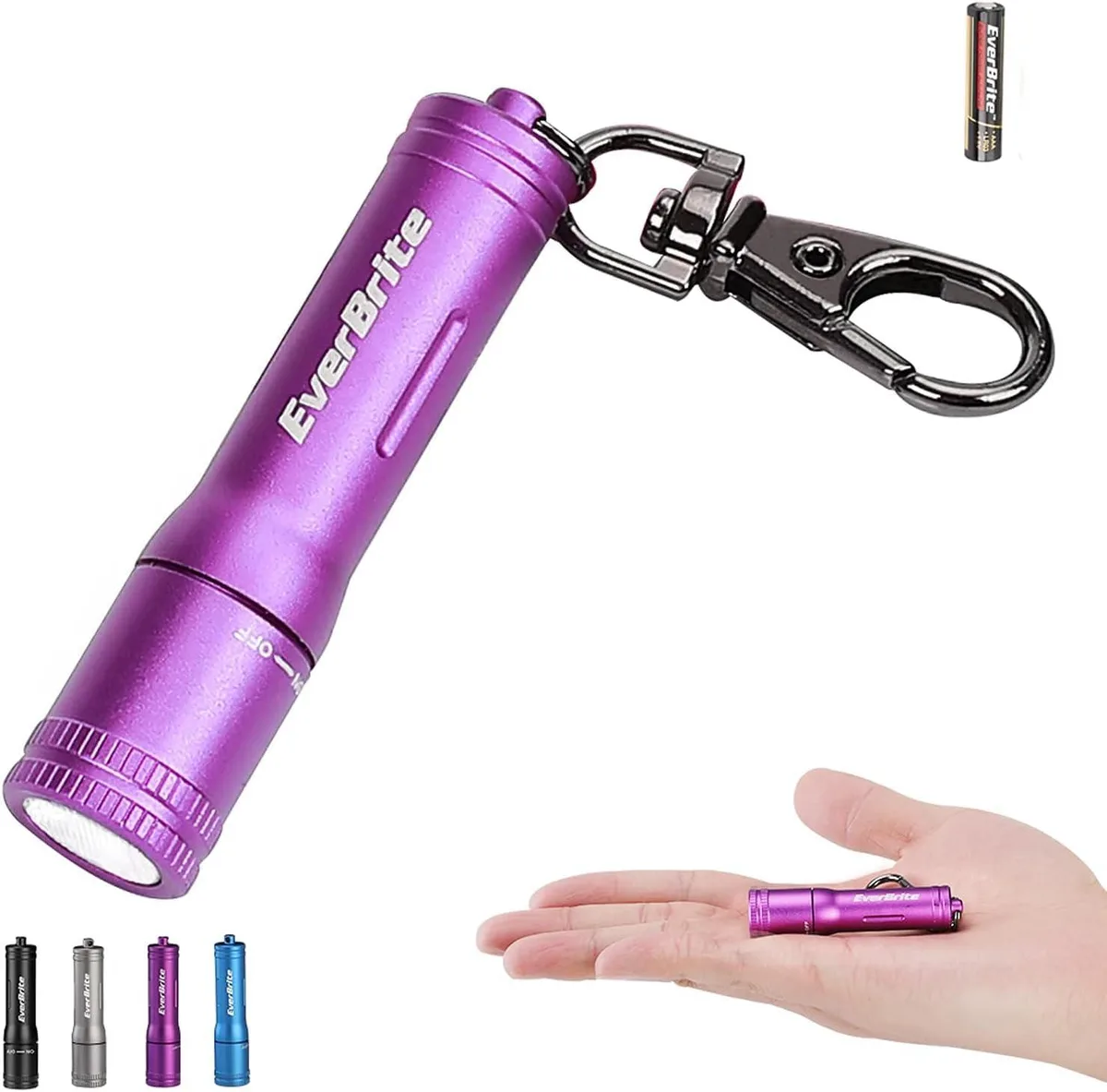 Purple cylindrical metal keychain flashlight, 2.4 inches long with brushed finish and swivel snap hook