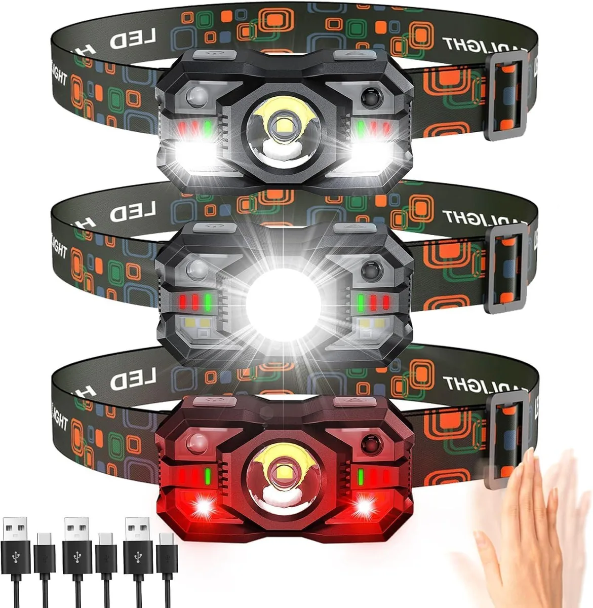 Three black headlamps with adjustable straps and red sensor lights