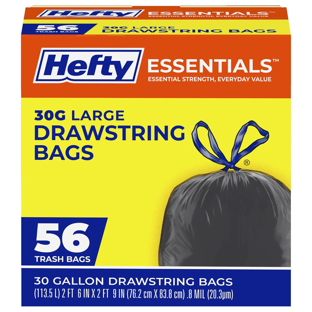 White box containing 56 black 30-gallon drawstring trash bags