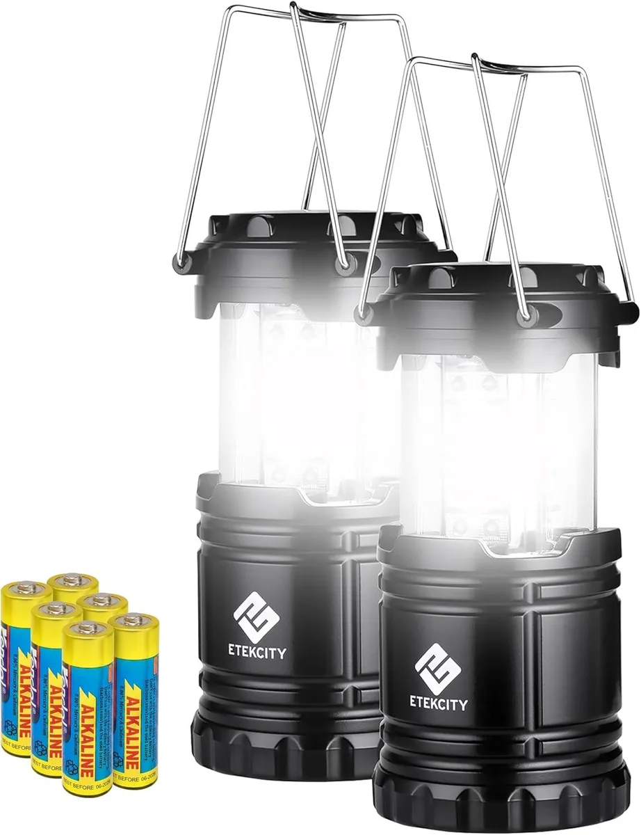 Two black collapsible LED lanterns with storage compartments