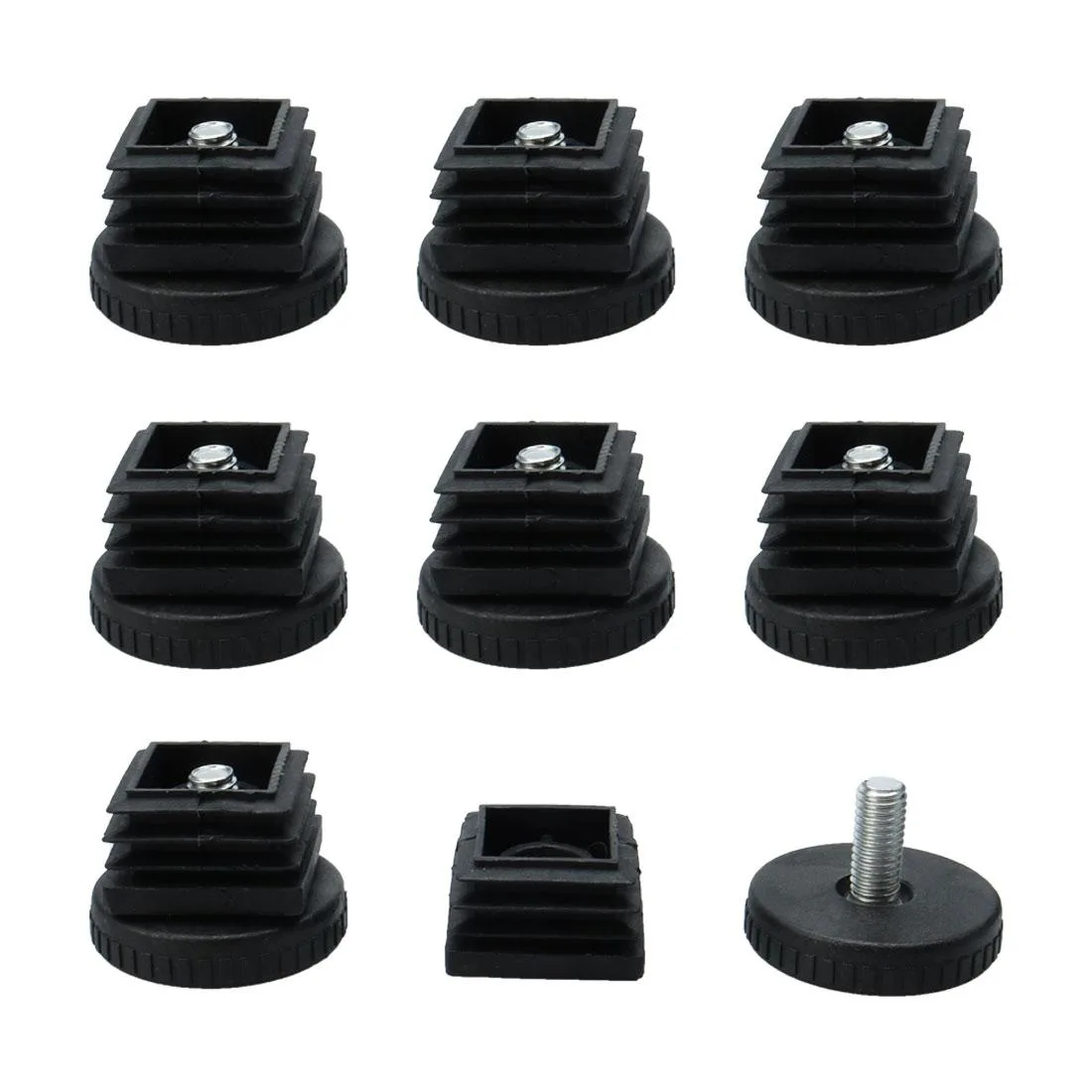 Eight black plastic square tube inserts with threaded adjustable feet, 25mm