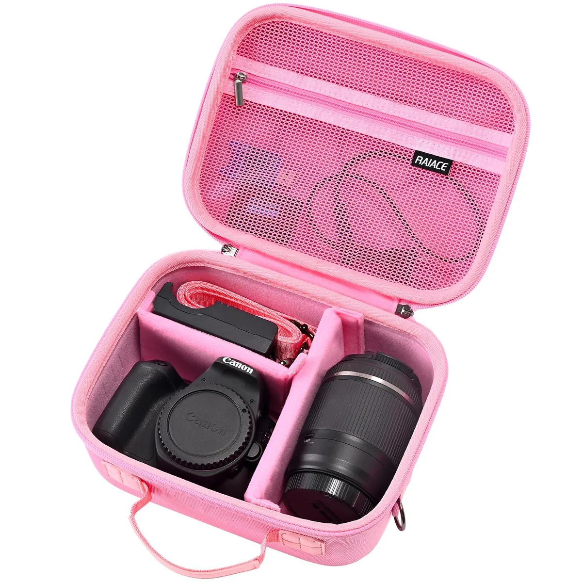 Pink hard-shell camera case with rubber handle, adjustable shoulder strap, mesh pocket and removable dividers