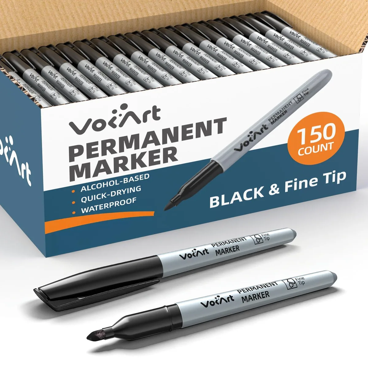 Box of 150 black fine-point permanent markers with caps