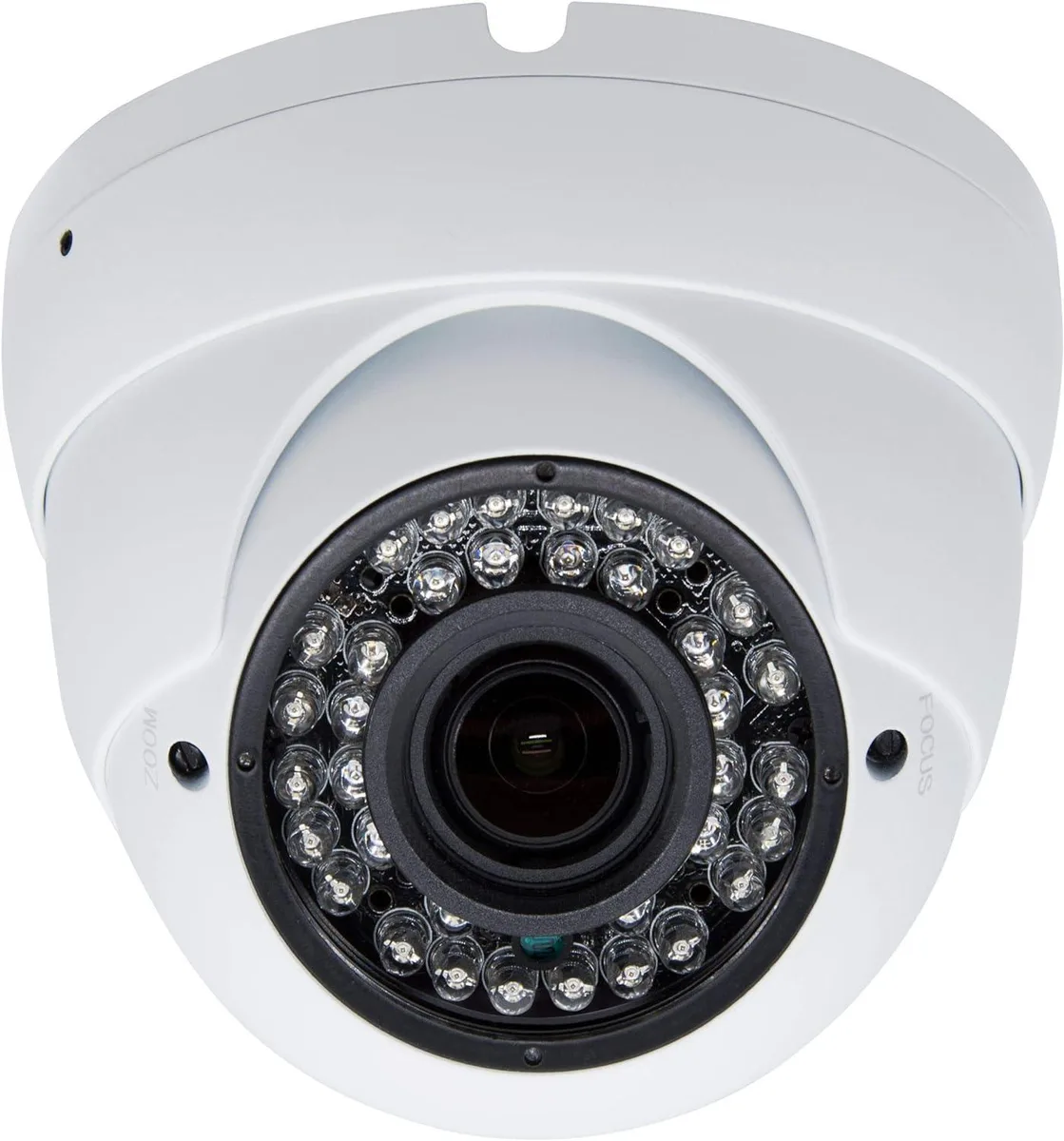 White dome security camera with varifocal lens and IR LEDs