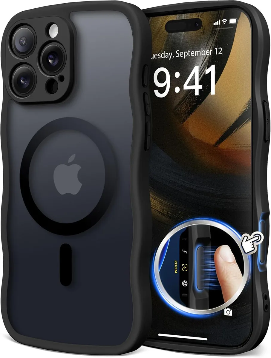 Black translucent matte iPhone 16 Pro Max case with wave frame and MagSafe ring