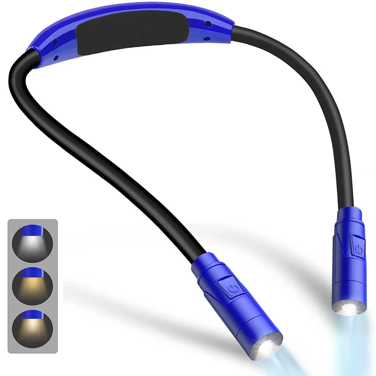 Blue flexible neck-worn book light with two adjustable LED heads