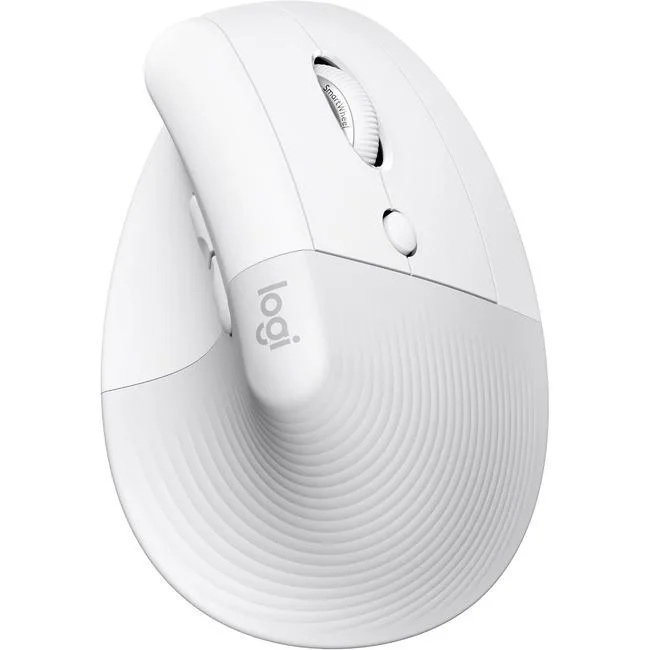 Off-white vertical ergonomic mouse with textured grip and thumb rest