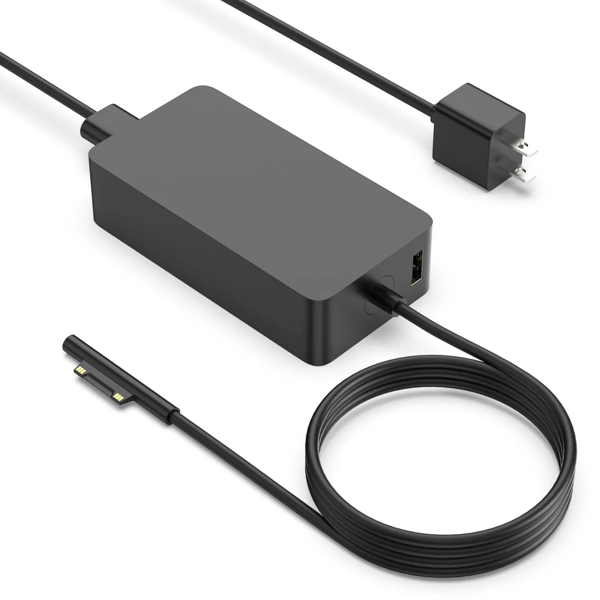 Black rectangular power brick with magnetic connector and USB port on side