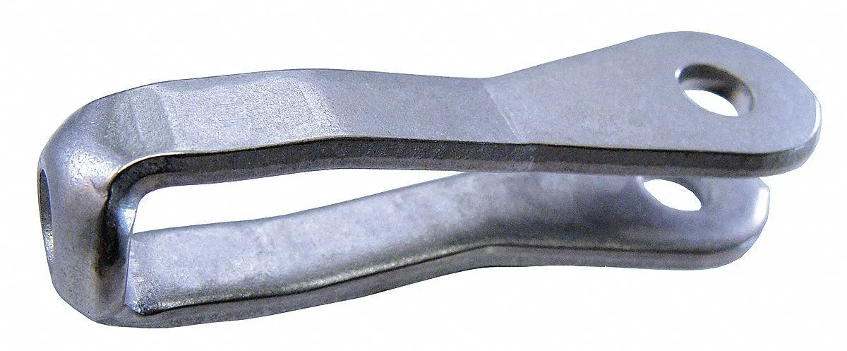 Small stainless steel strap fork end fitting with clevis and pin hole