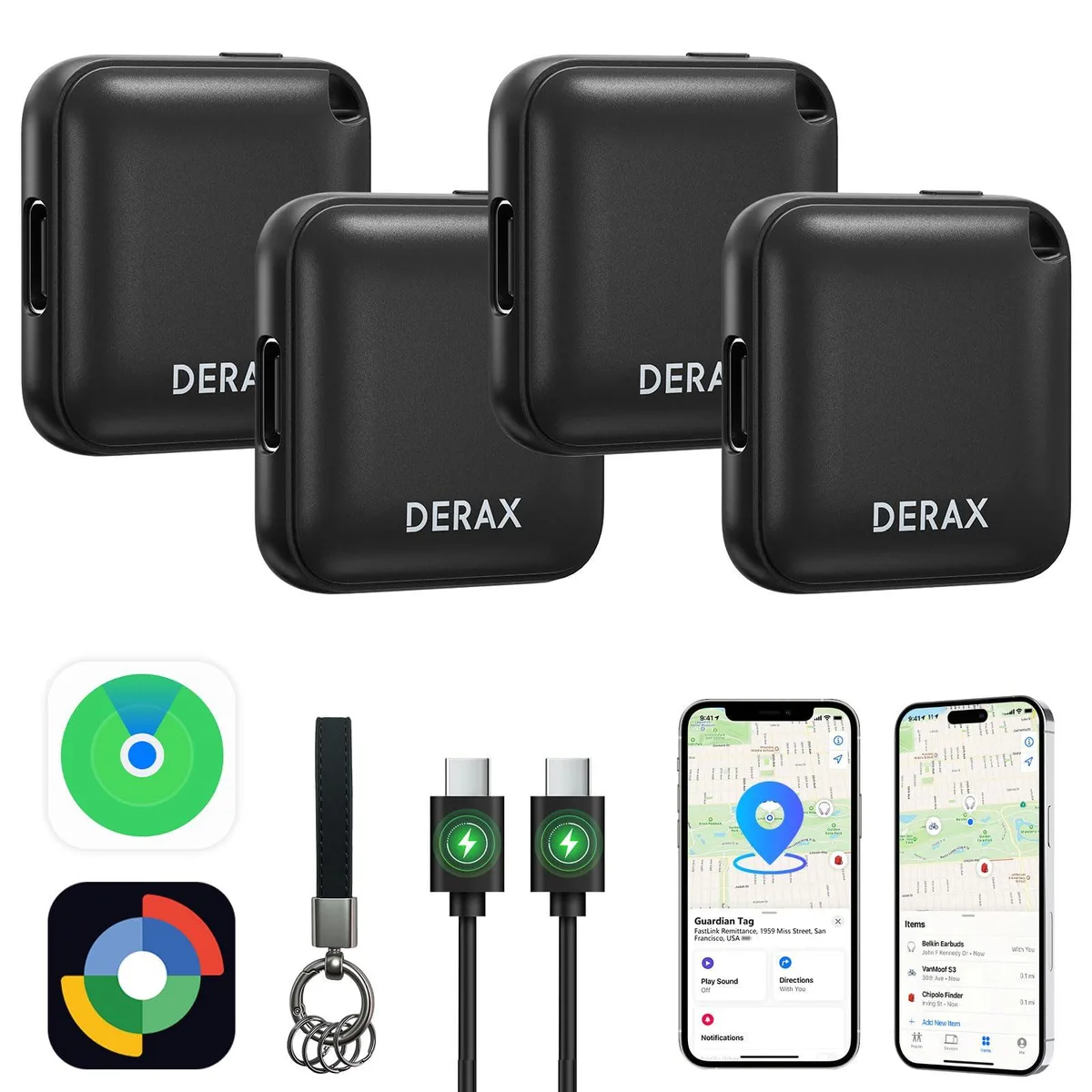 Four black square Bluetooth trackers with rounded corners lying flat