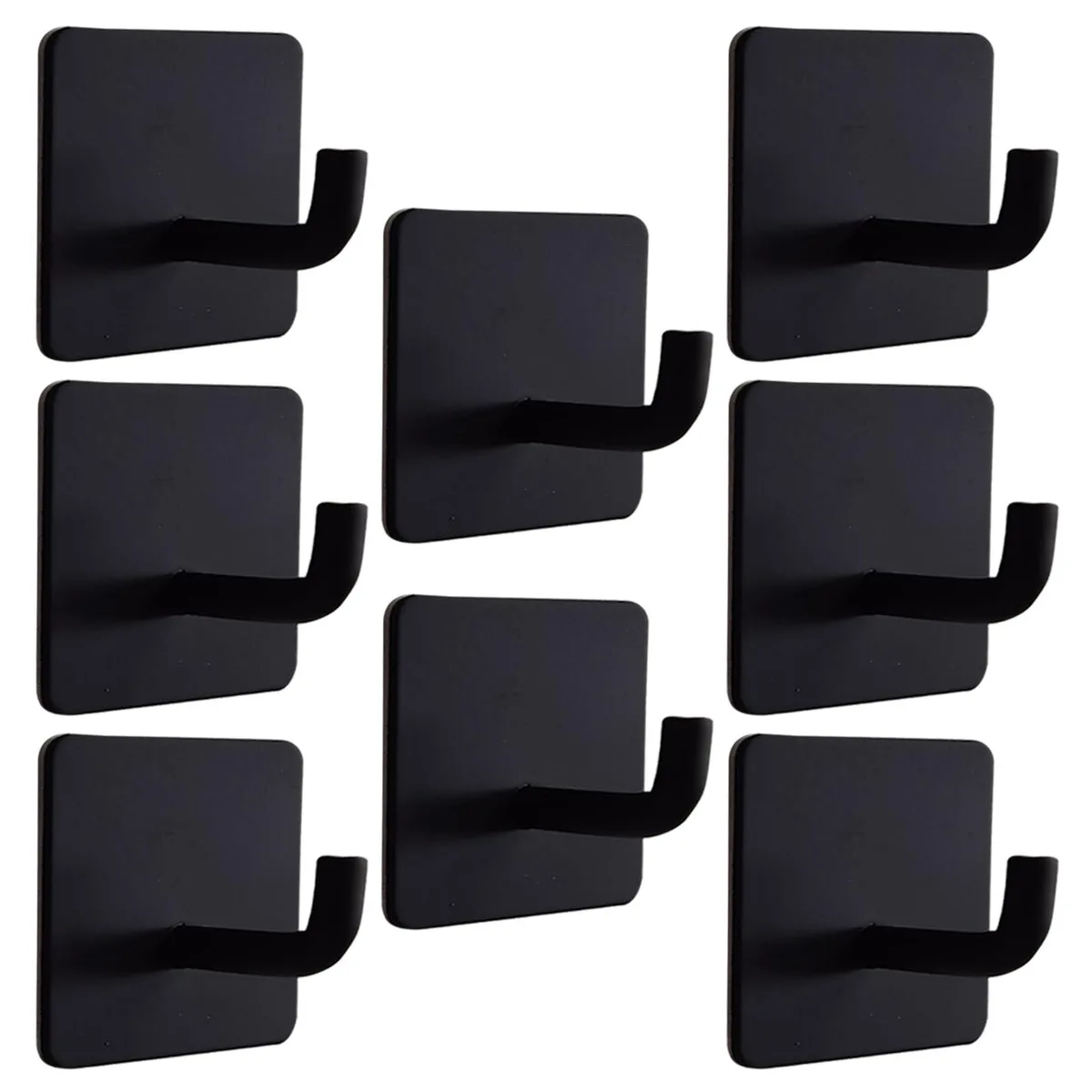 Eight matte black stainless steel square adhesive hooks on a surface