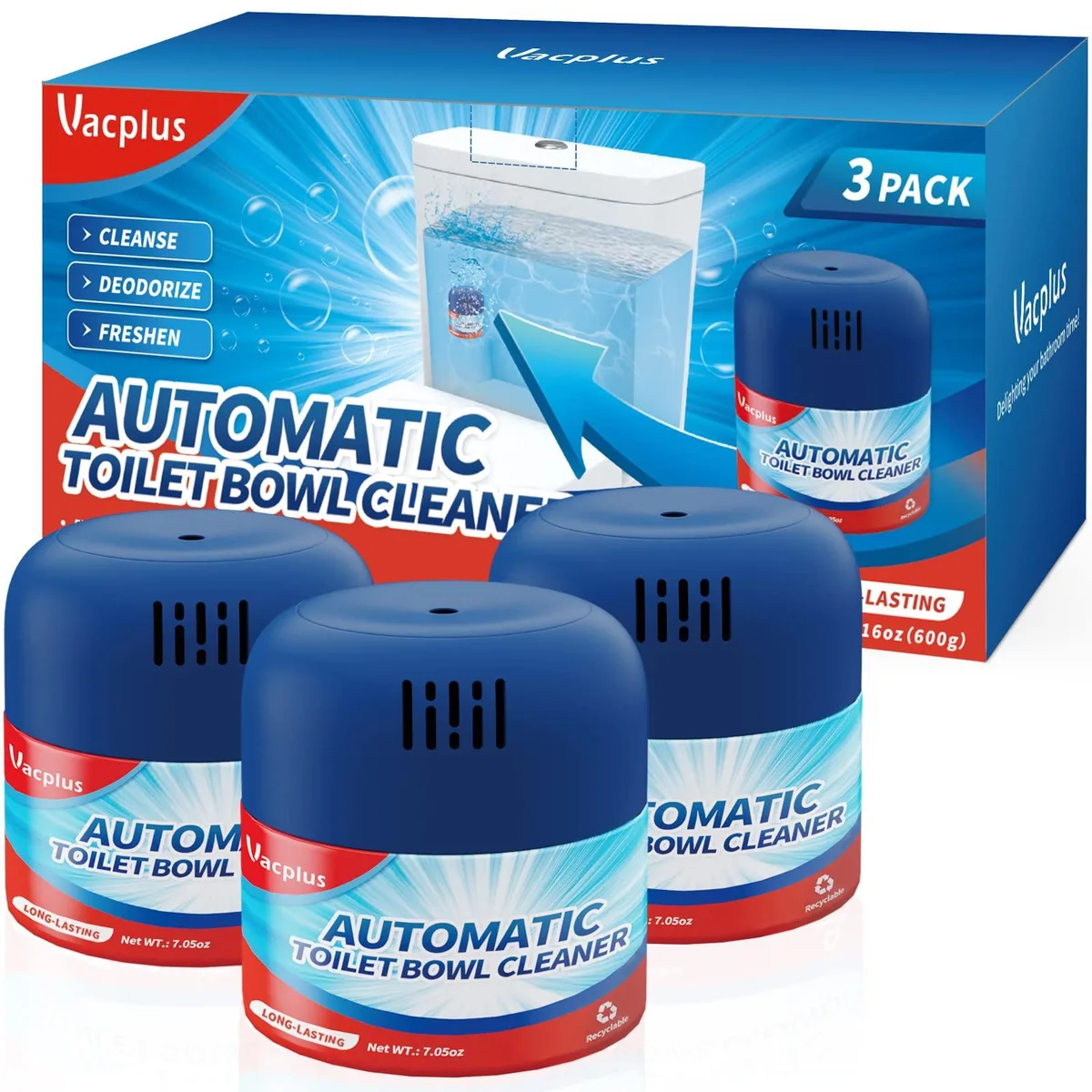 Three white toilet cleaner bottles in plastic packaging