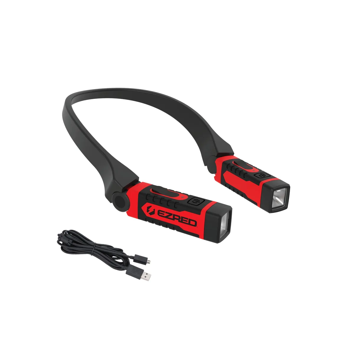 Black curved neckband with two adjustable LED heads, lightweight ABS finish