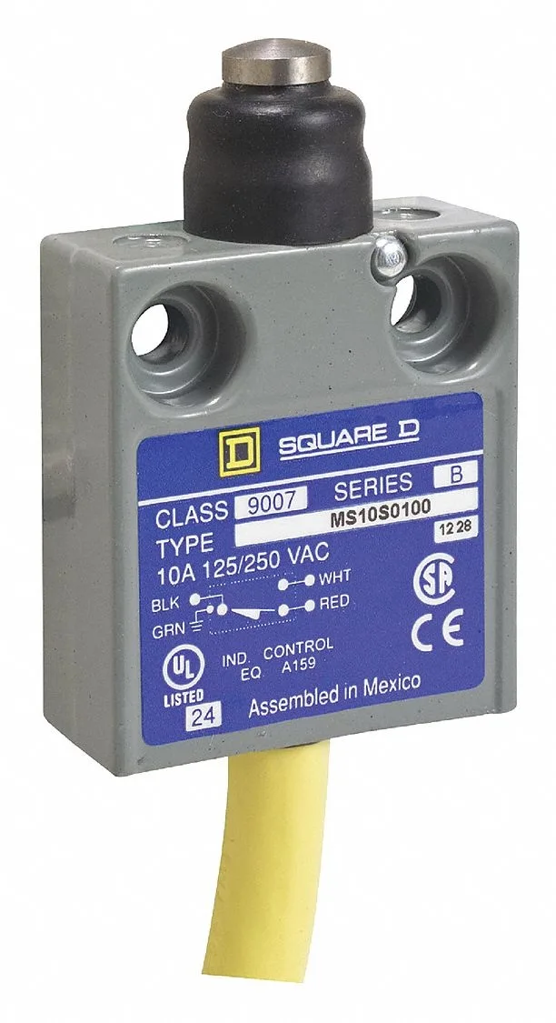 Square D 9007 miniature limit switch with top-mounted plunger actuator, sealed boot, compact rectangular body
