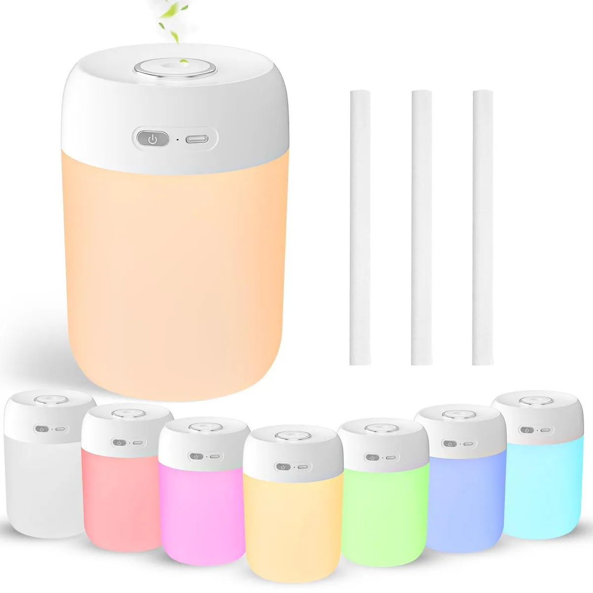 White cylindrical USB humidifier, 650 ml capacity, LED and warm light modes, compact desktop size