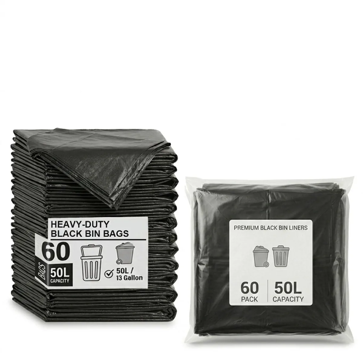 Flat pack of black polyethylene garbage bags, 60 count, 13 gallon capacity