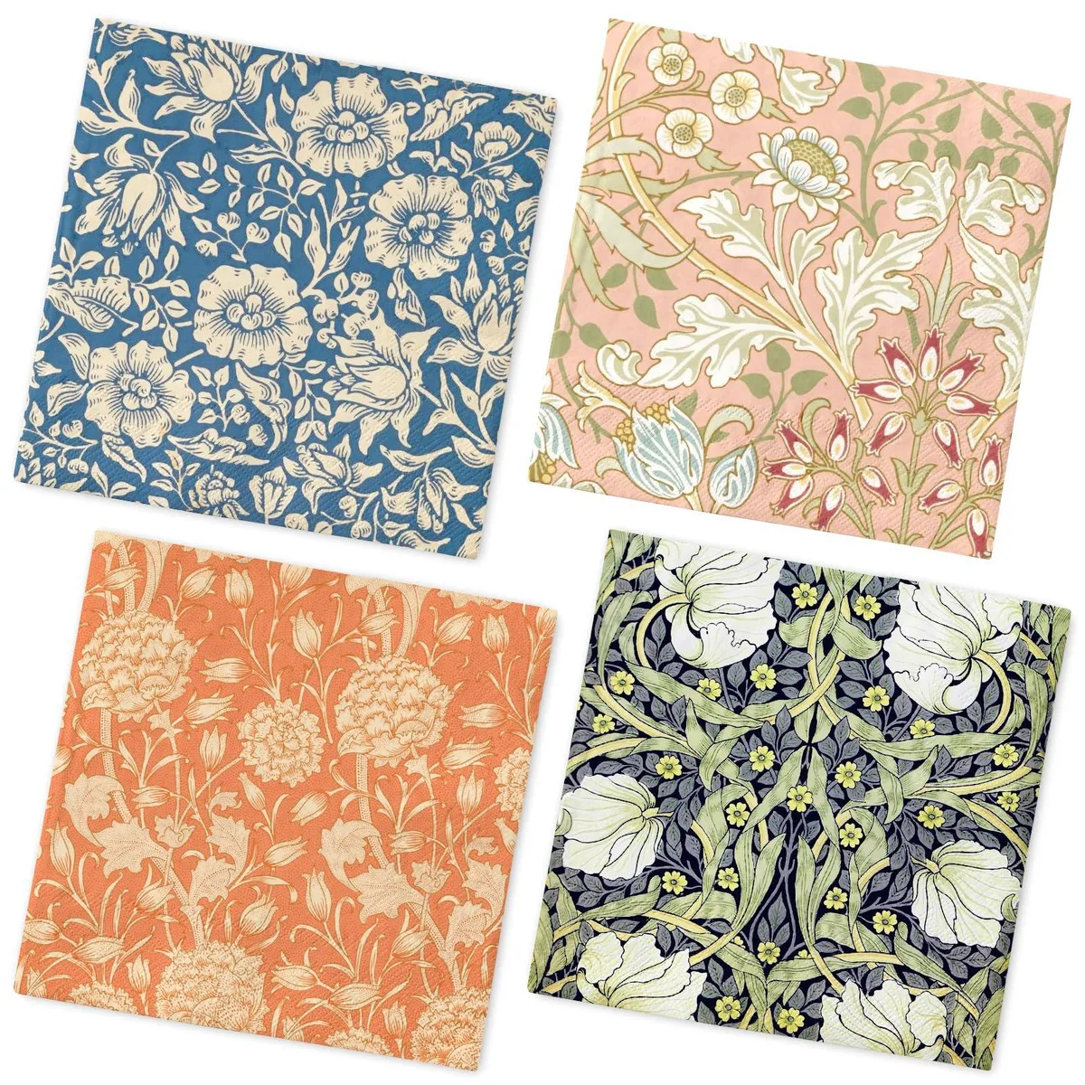 A stack of fifty folded white paper napkins printed with vintage floral designs measuring six point five inches square