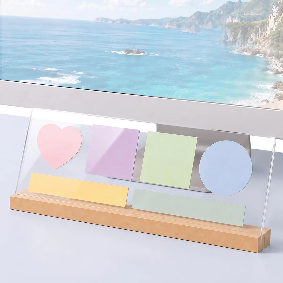 Clear acrylic panel on a natural wood base, dual-slot design, 14 by 5 inches