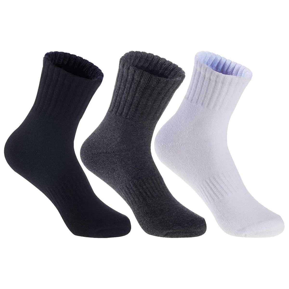 Three pairs of crew socks in black, grey and white, folded flat