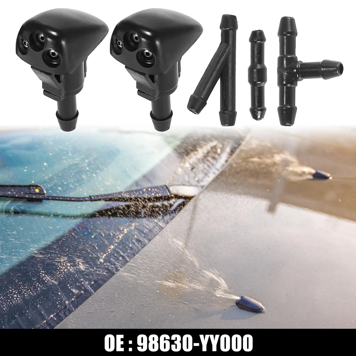 Five black plastic washer nozzles with assorted hose connectors