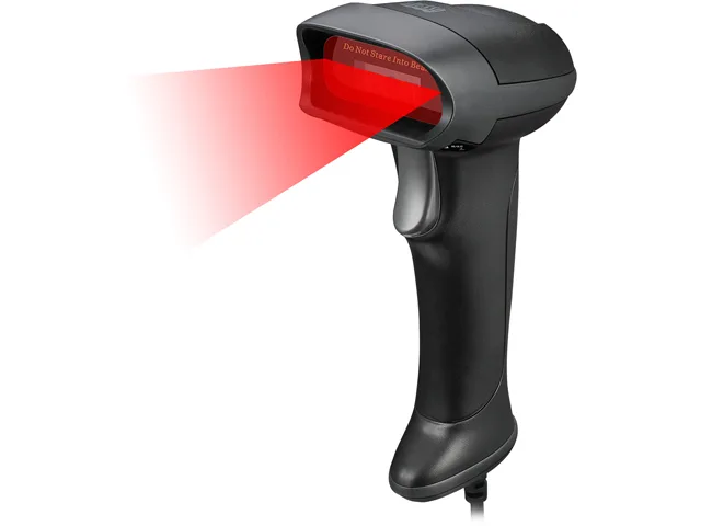 Handheld barcode scanner, dark matte body with red scan window and coiled USB cable