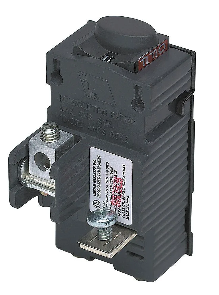 Pushmatic UBIP115 15A single-pole breaker, bolt-on, grey plastic body