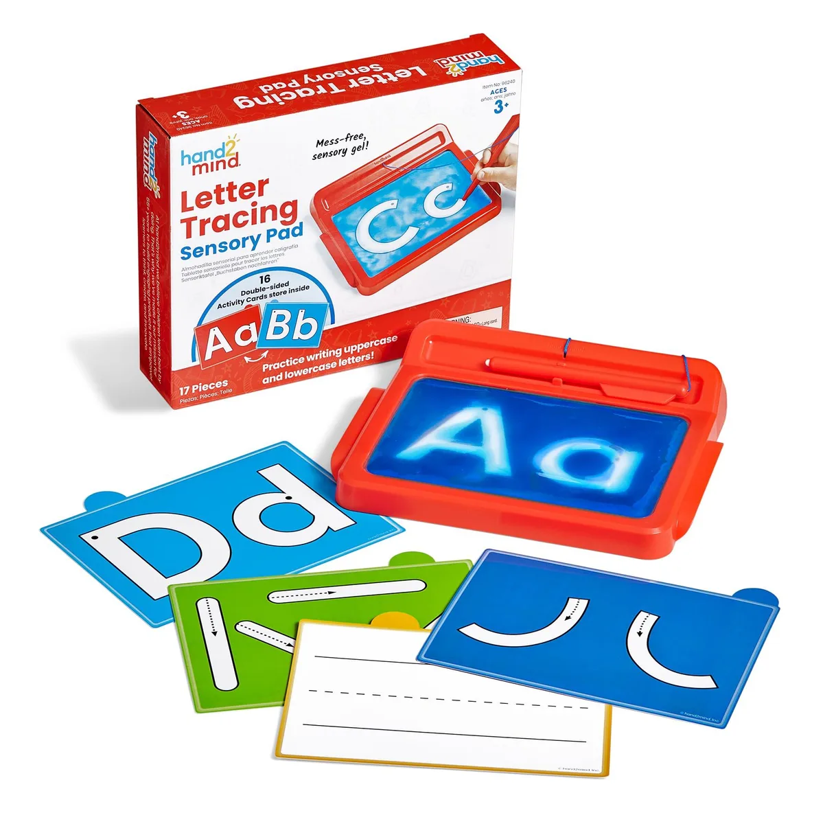 Rectangular plastic board with sealed gel surface, attached stylus and card storage