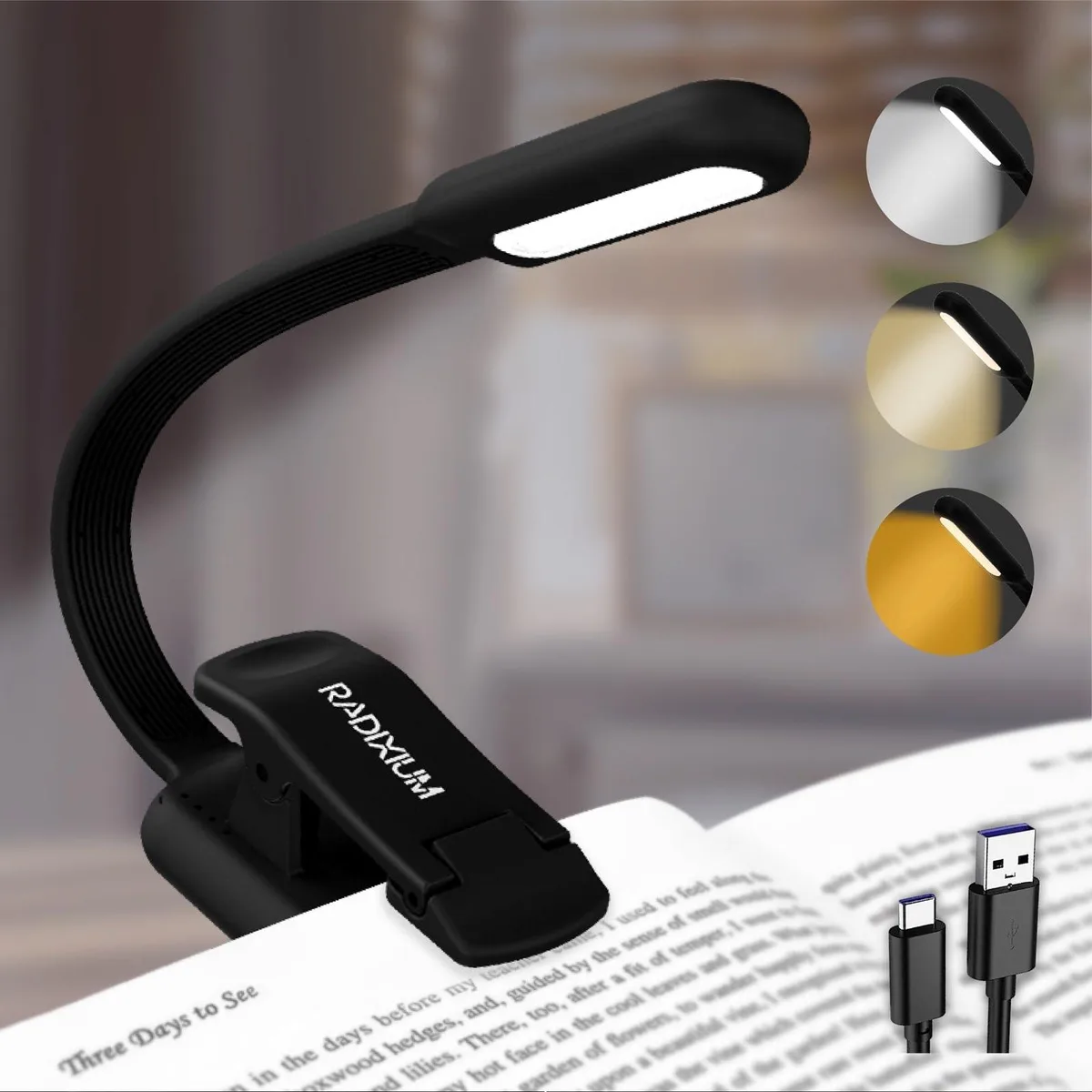 Slim black clip light with flexible gooseneck and USB-C port