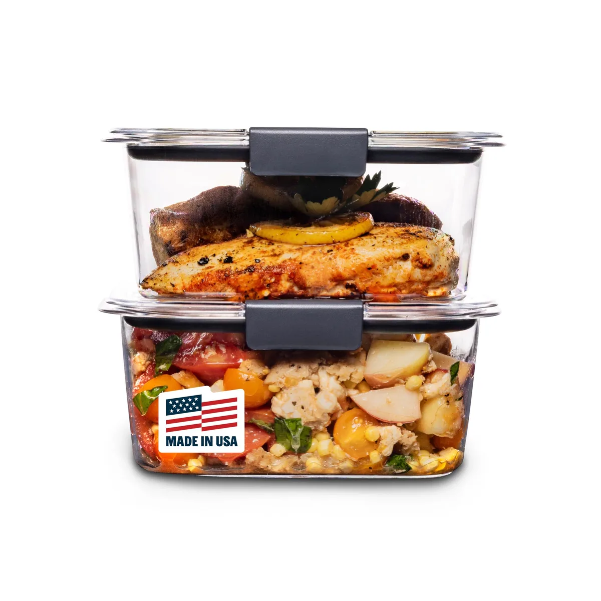 Two clear rectangular 4.7-cup containers with red lids