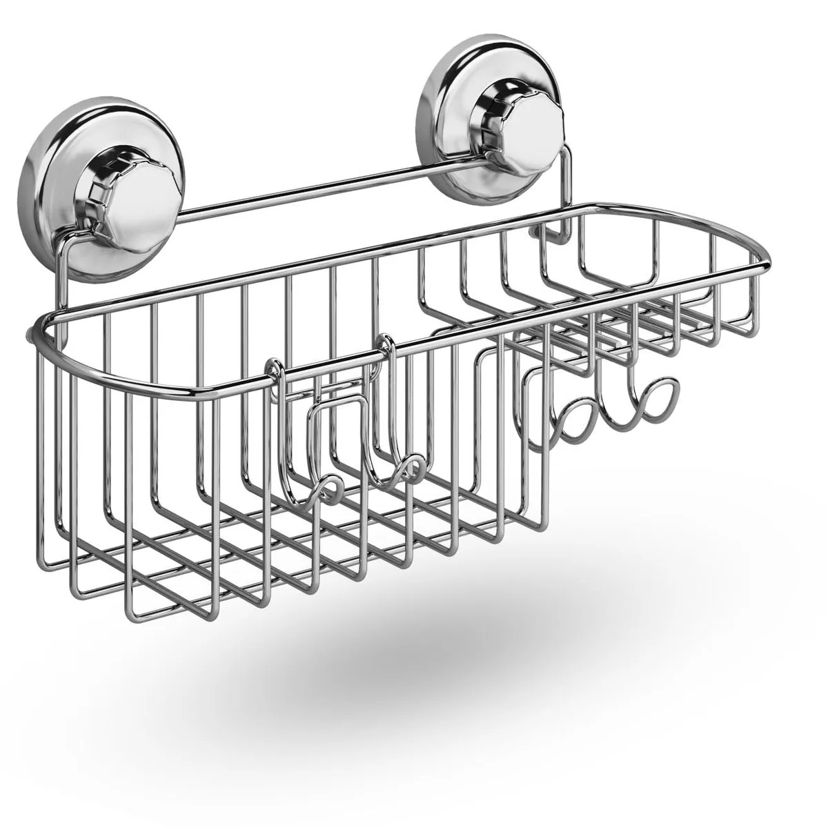 Chrome stainless steel shower caddy with soap holder and hooks