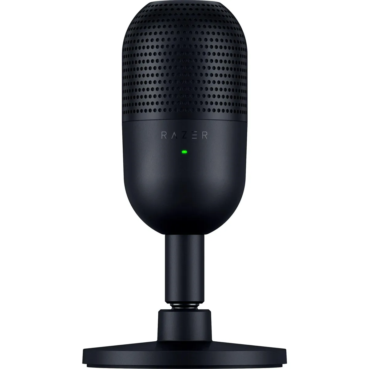 Compact black USB condenser microphone with tiltable stand and tap-to-mute sensor
