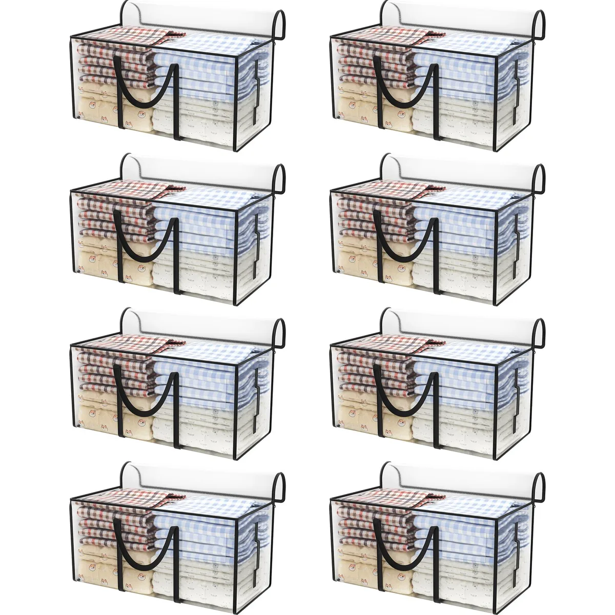 Eight semi-transparent black-edged PP totes with metal zippers and reinforced handles, folded flat