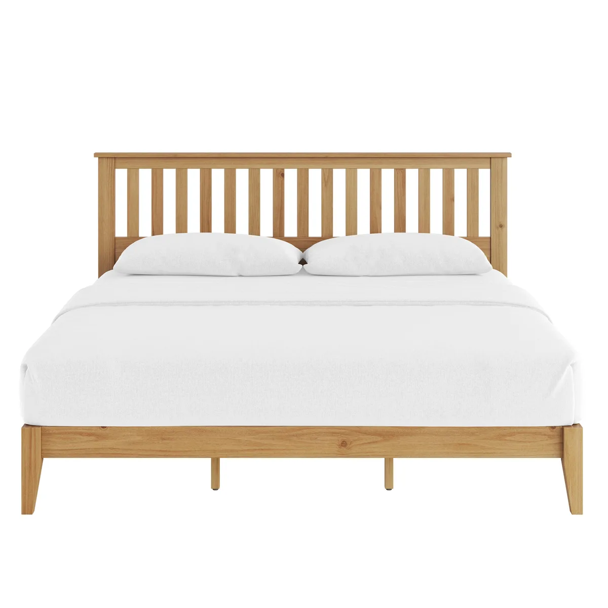 King size panel bed with vertical slat headboard and low footboard in medium brown wood finish