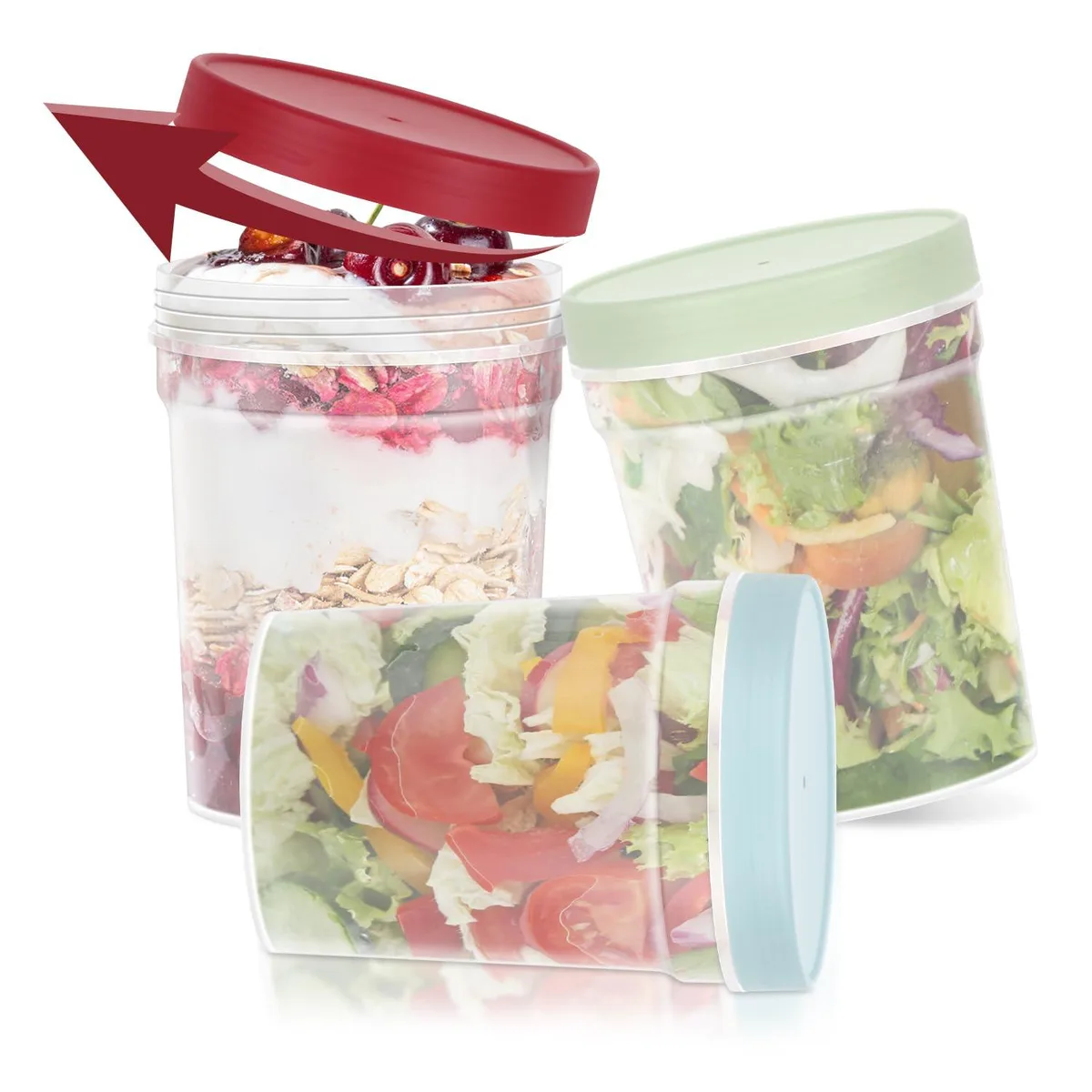 Three red cylindrical 32 oz containers with twist-top lids
