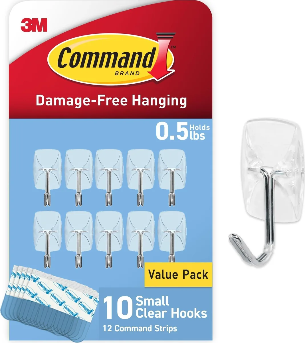 Ten clear wire hooks and twelve adhesive strips
