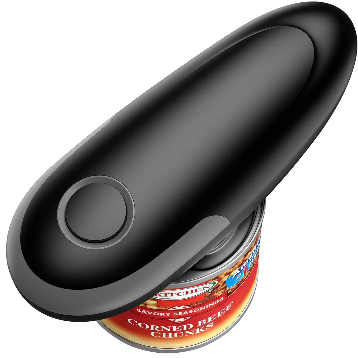 Black automatic can opener with stainless steel and plastic body