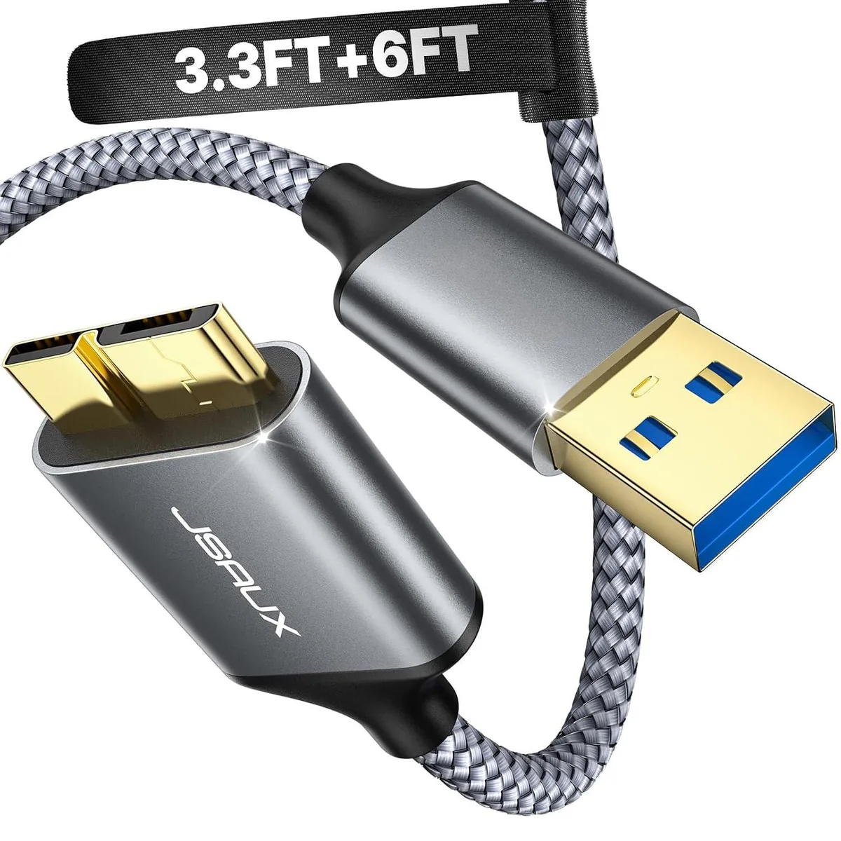 Two grey nylon-braided Micro USB 3.0 cables, 3.3ft and 6.6ft, with gold-plated connectors