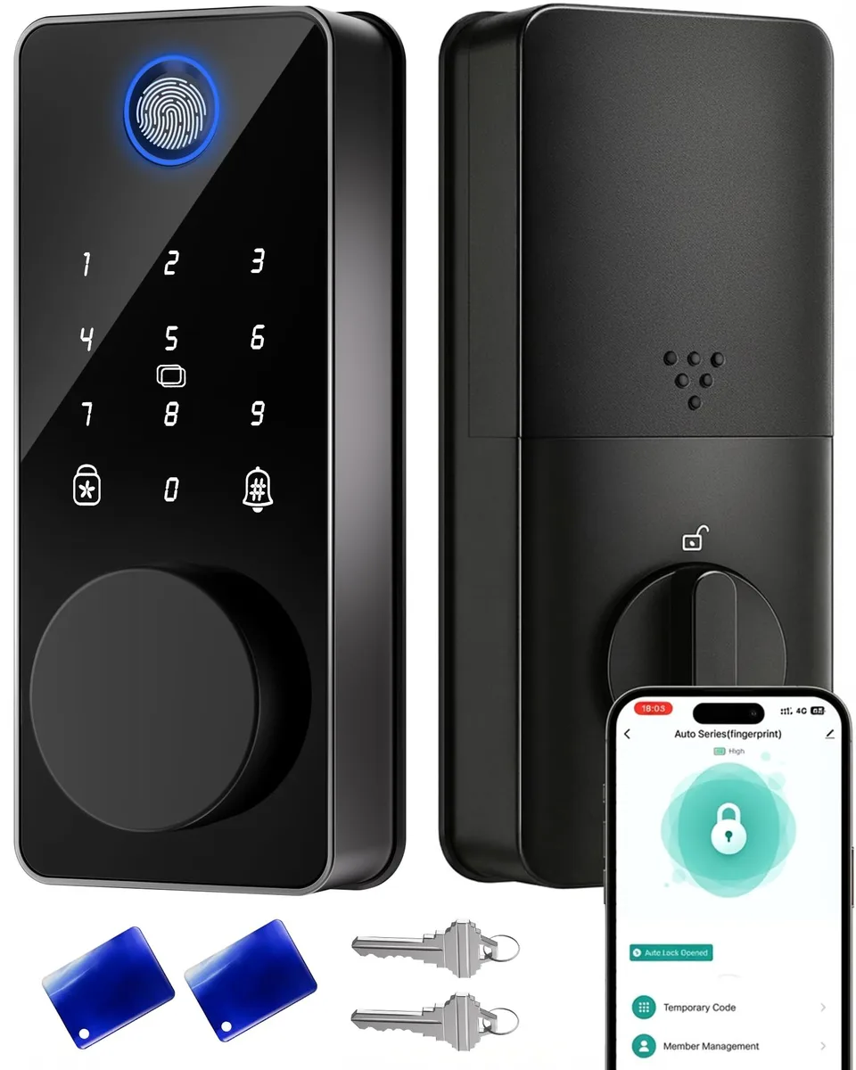 Black metal smart deadbolt with touchscreen keypad and fingerprint sensor, 2.65 by 1.82 by 6.12 inches