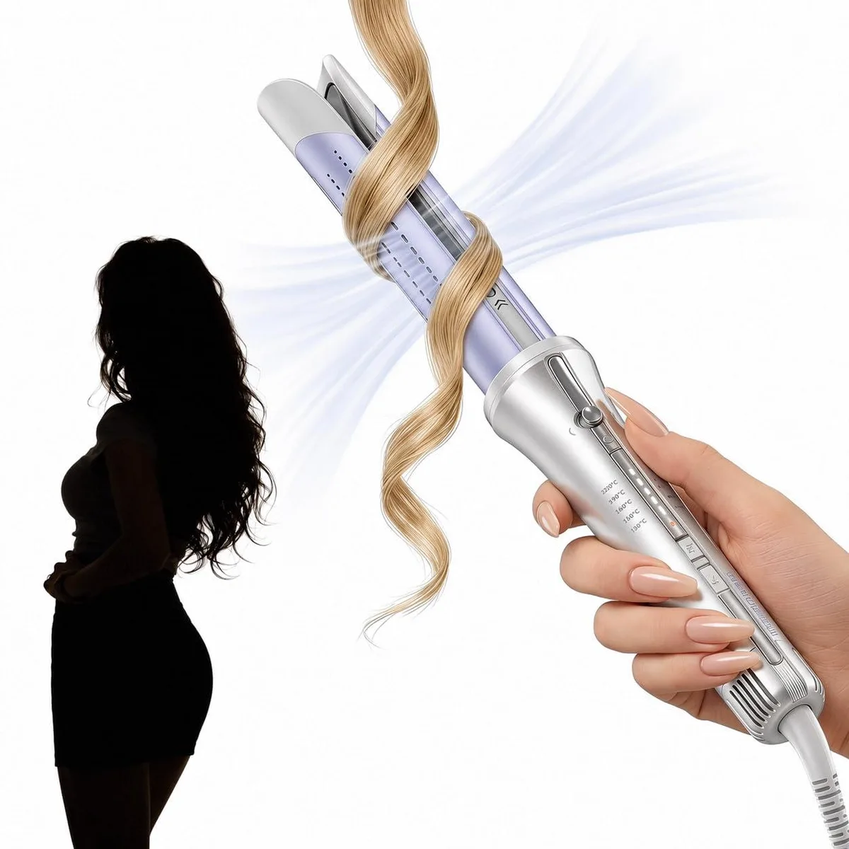 White cylindrical curling iron with 1.25 inch barrel and cool air vents