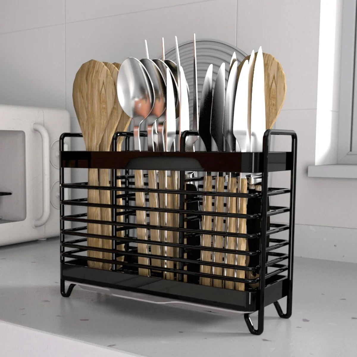 Stainless Steel Utensil Drying Rack with Drain Tray (3 Cells) — product photo
