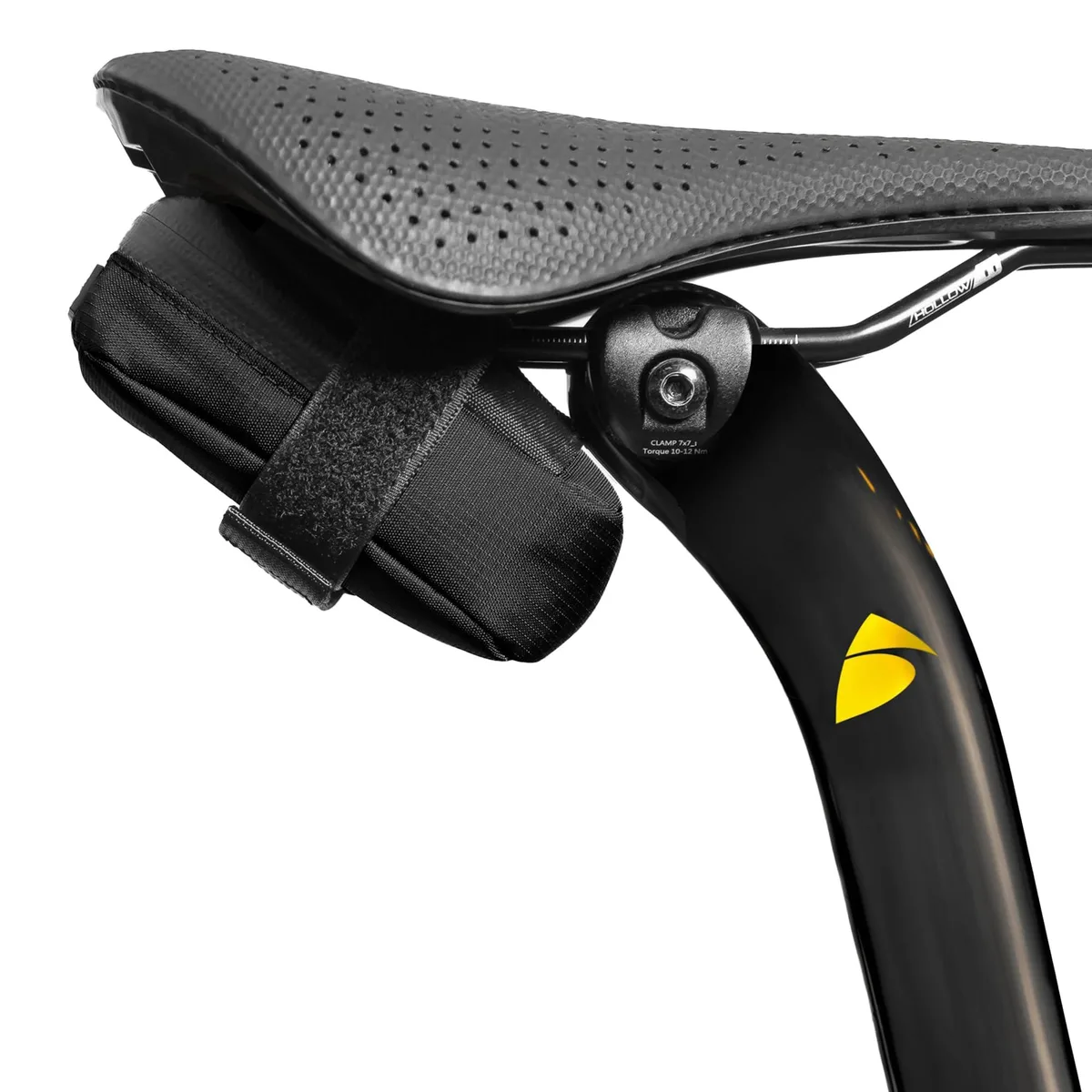 Small black nylon saddle bag with seat rail strap