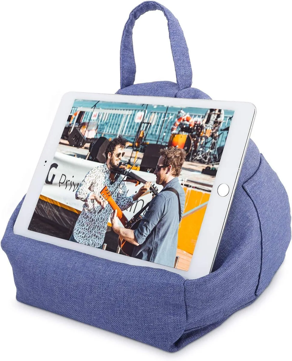 Denim-blue linen-and-cotton pillow stand with side pockets, holds tablets up to 11 inches
