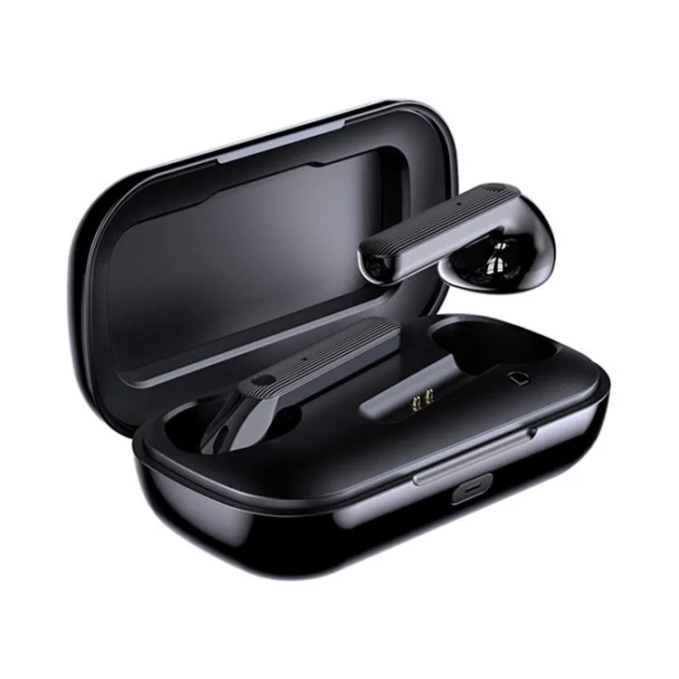 Black true wireless earphones in compact charging case, matte ABS finish